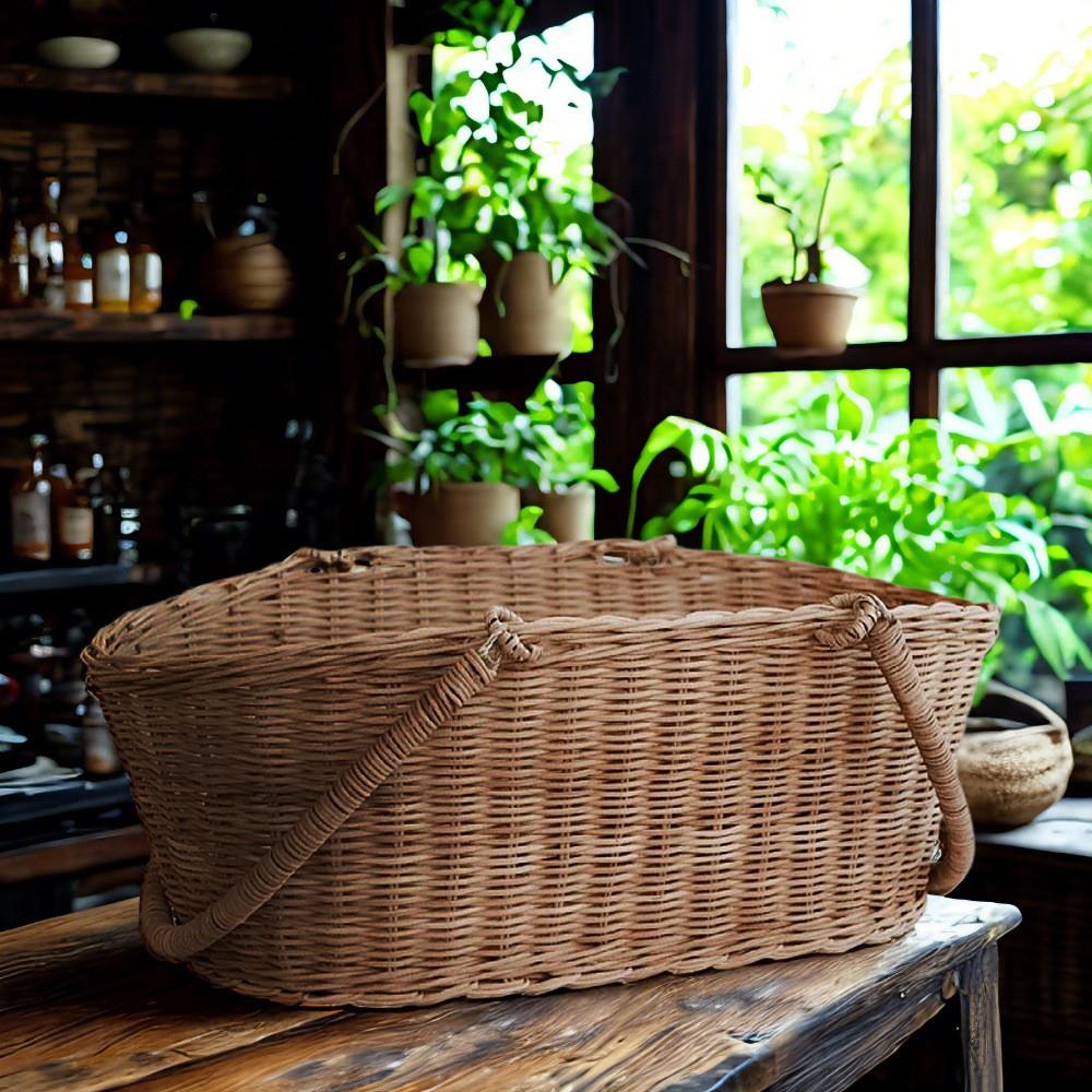 编织手提篮子藤编篮真藤编织筐复古鲜花手提花篮编织篮菜篮野餐篮