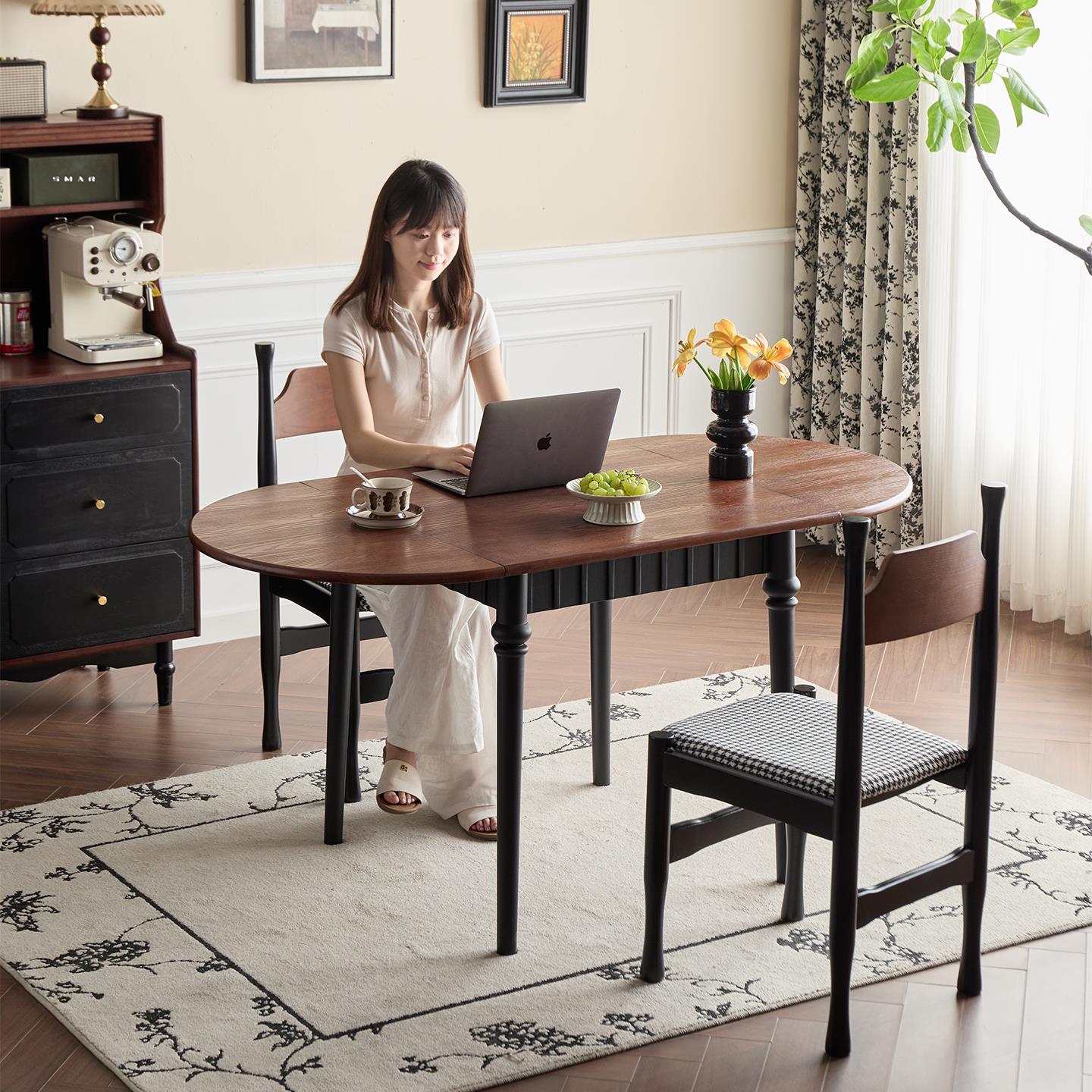 法式复古椭圆可折叠实木餐桌椅组合小户型家用伸缩饭桌子方圆两用