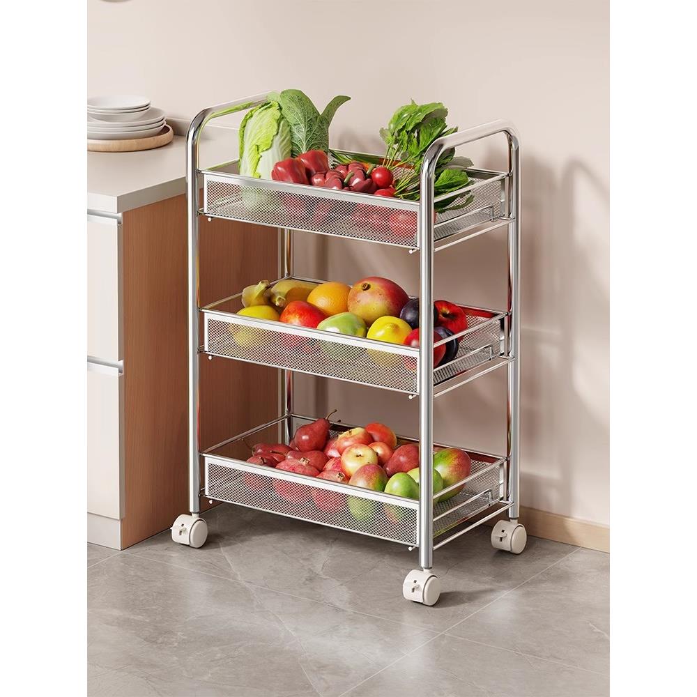 厨房置物架小推车落地家用可移动带滑轮多层架子放果蔬菜篮收纳架