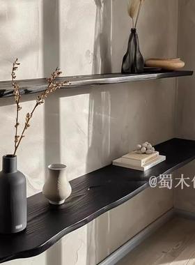 黑色百搭实木一字隔板置物架简约现代客厅电视背景墙收纳壁挂木质