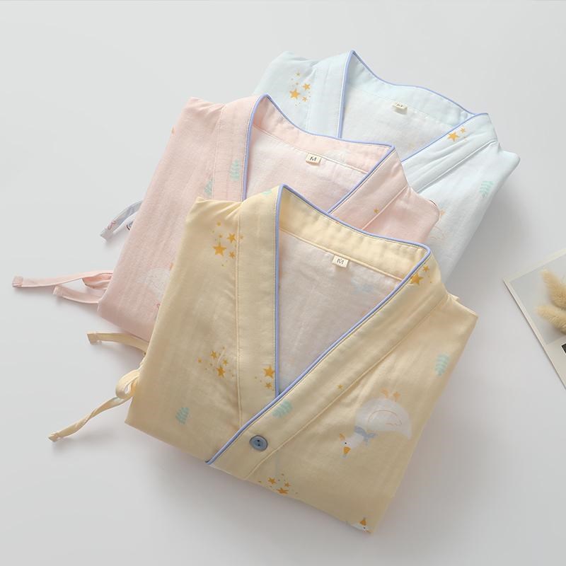 出口卡通和服睡衣女生纱可v调节裤腰长袖长裤薄细绳家居服扣子