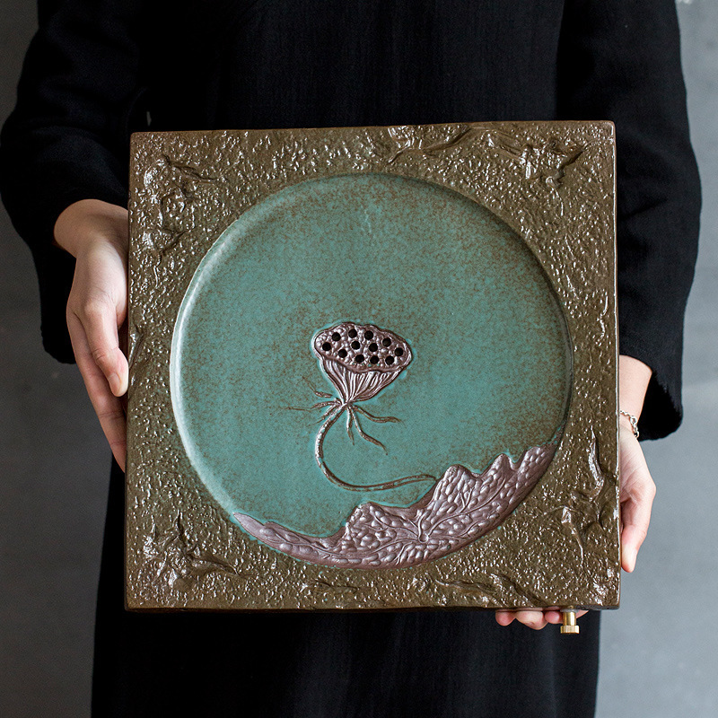 陶瓷茶盘窑变春绿色干泡盘居家泡茶盘莲藕造型可接排水管