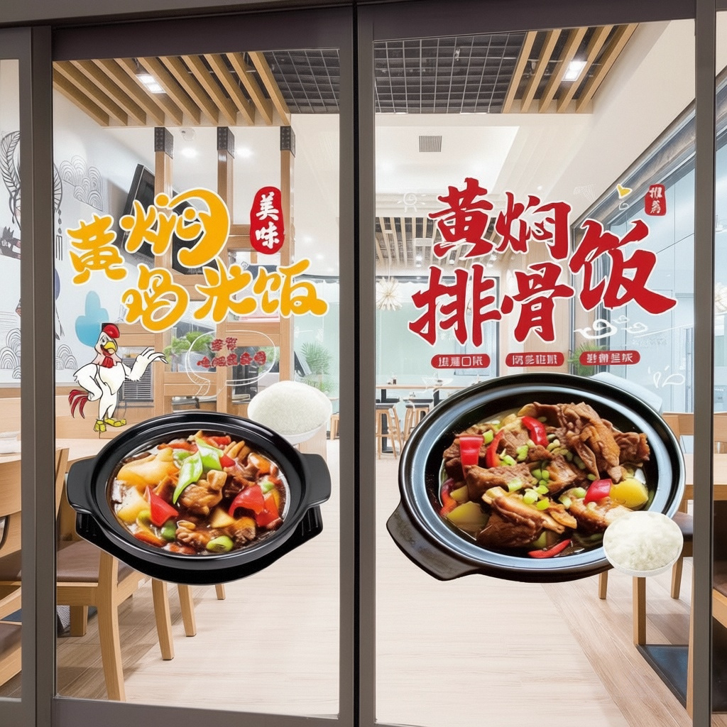 黄焖鸡玻璃门贴纸特色米饭