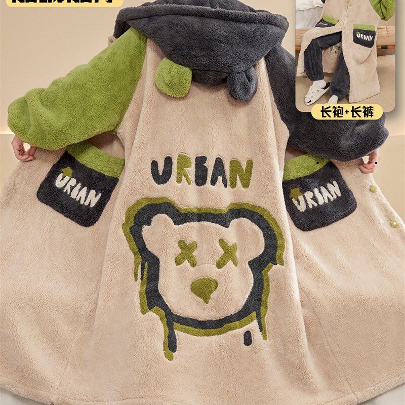 珊瑚绒保暖男士i冬季大码200斤连帽睡袍加绒加厚酷帅睡衣浴袍套装