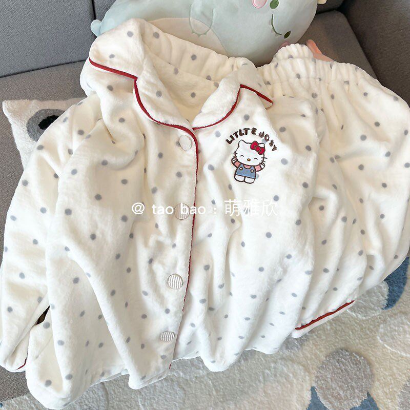 波点KT猫睡衣女款春秋冬季法兰A珊瑚绒加厚加绒套装可爱软妹家居
