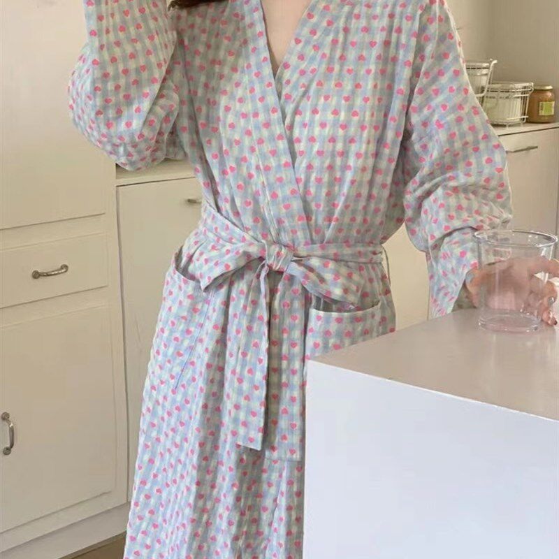 睡袍女夏季和服长袖春秋睡衣w爱心格子纯棉浴衣晨袍可爱睡裙家居