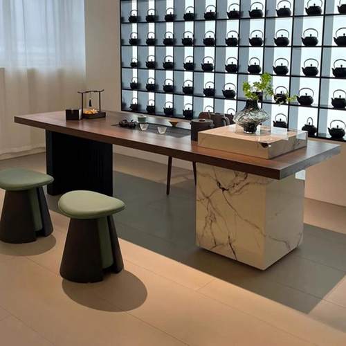 新中式实木岩板茶台设计师款家用别墅高端黑胡桃木大板茶桌椅组合