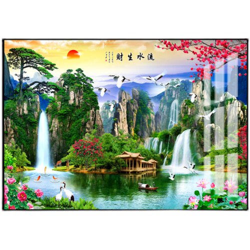 新中式客厅沙发背景墙装饰画山水画玄关走廊书房有框挂画流水生财