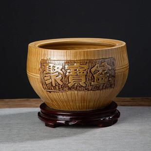 黄色陶土景德镇陶瓷聚宝盆客厅玄关装 饰品仿木纹招财聚财乔迁摆件