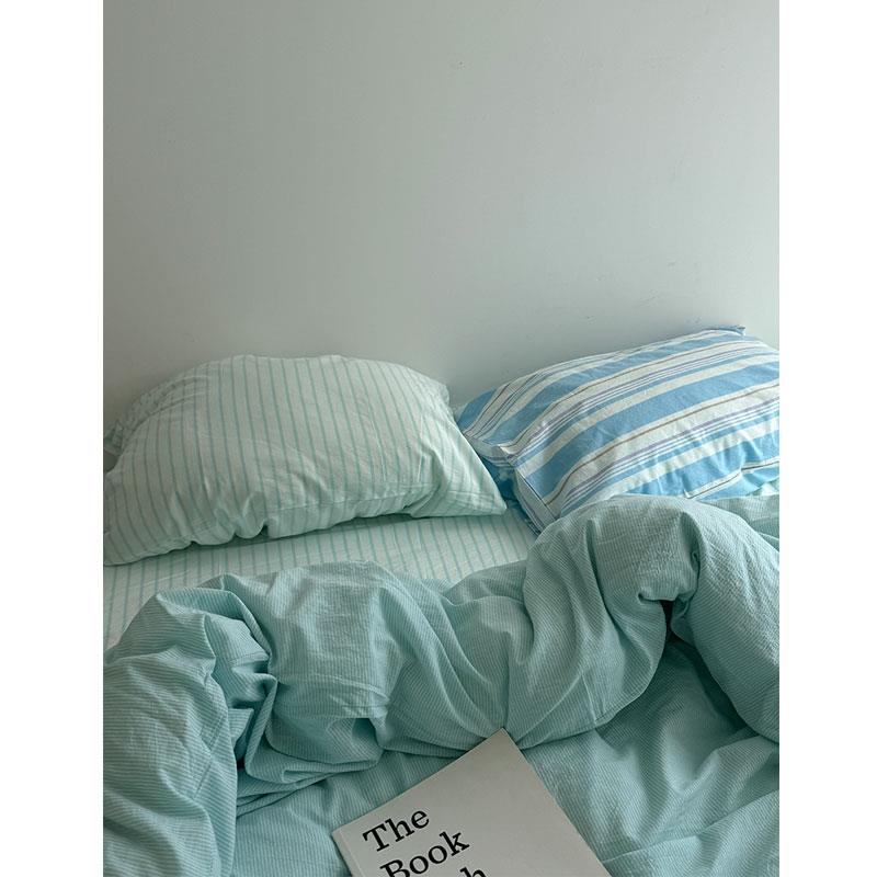 罗西与苏打泡泡/ins海盐薄荷水洗条纹全棉四件套床笠三件套被套
