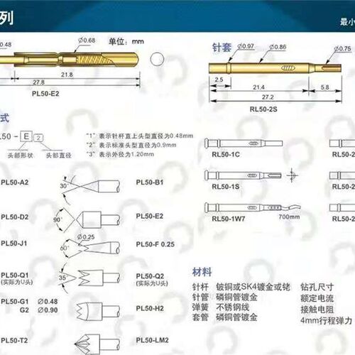 华荣烧录探针镀金PAL50A B H Q1 Q2 J F针套0.9mm测试针 弹簧顶针