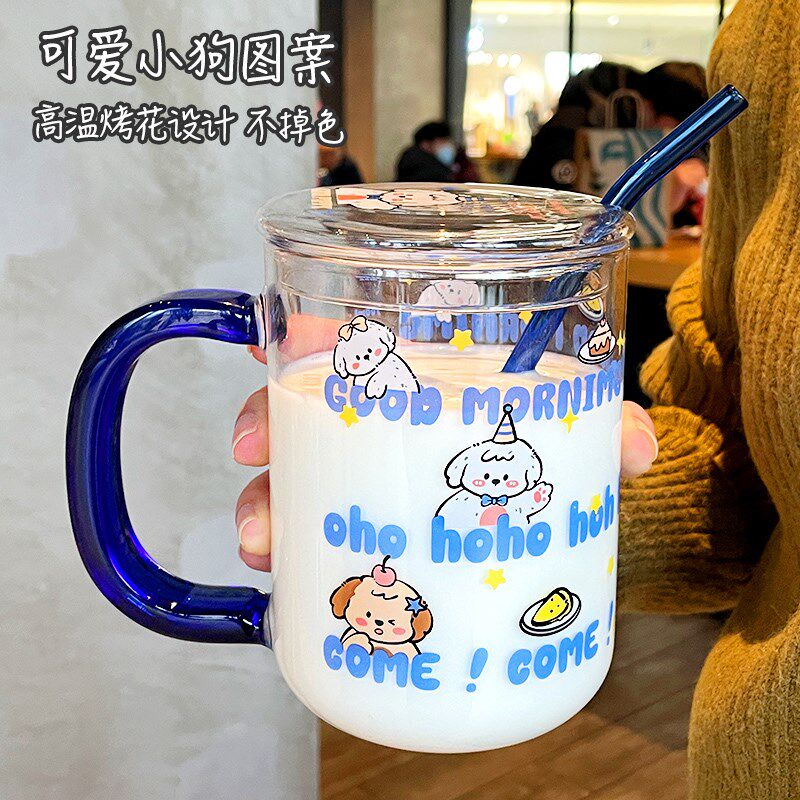 新款学生玻璃杯冬季豆浆杯带把手刻度牛奶杯吸管果汁杯带盖咖啡杯