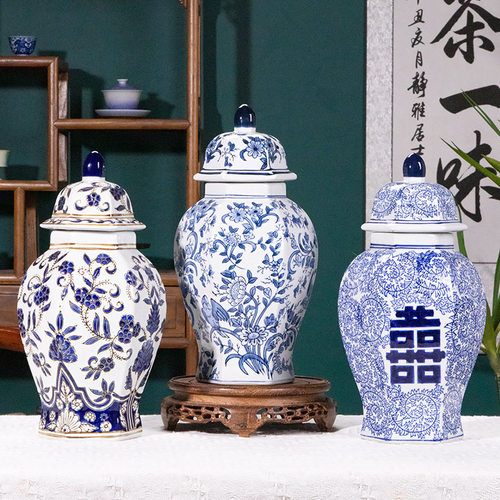 新中式青花瓷喜字花鸟六边将军罐陶瓷花瓶可水培装饰摆件客厅花瓶