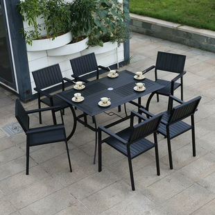 宾馆酒店休闲户外桌椅 厂家直销 黑色塑木一桌六椅