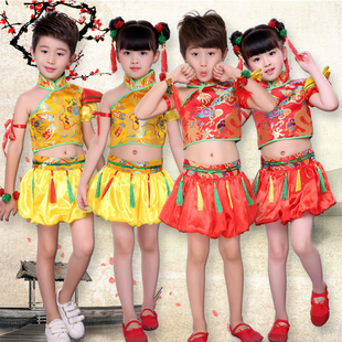 儿童喜庆演出服肚兜灯笼裤 旦舞蹈表演服 男女童开门红腰鼓幼儿园元