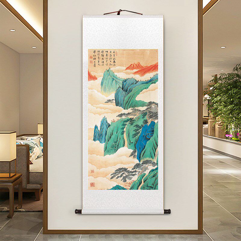 张大千山水画新中式卷轴挂画客厅玄关装饰画办公室书房茶室靠山图