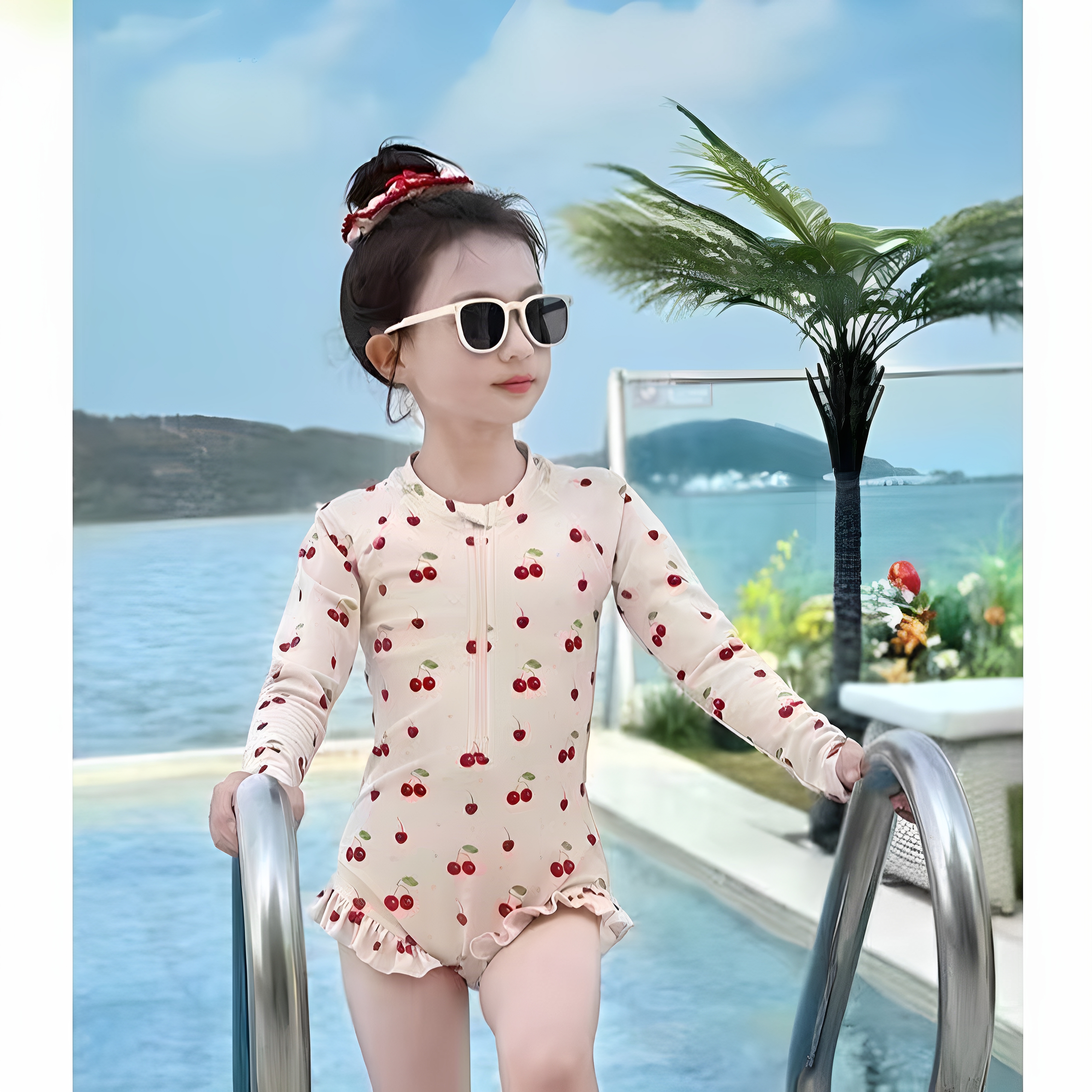 女童超好看泳衣可爱甜美樱桃泳装女孩海边防晒连体2025新款中大童