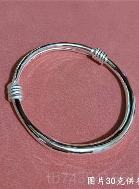 正品999纯银手镯 小宝孩大人生宝亲子款 简银约推拉镯子光面手环