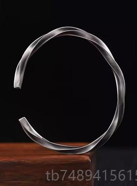 正品99银莫比乌斯手镯男士款素圈复古国风生日礼物9男纯生环足银