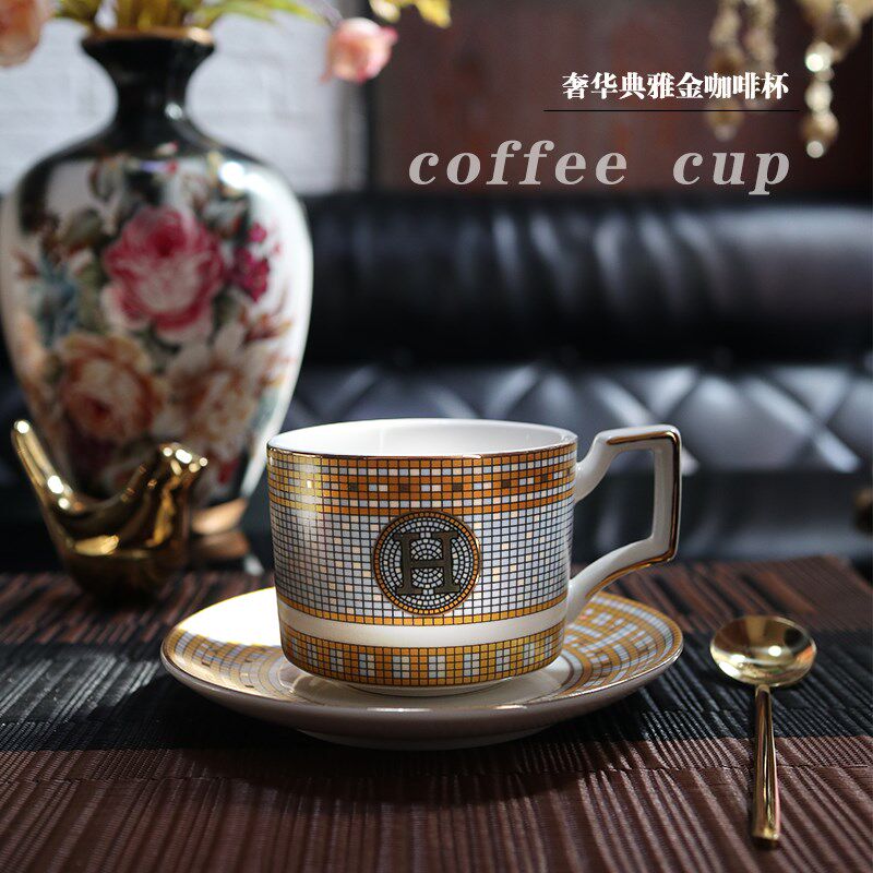 欧式金色马赛克咖啡杯碟套装奢华家用陶瓷杯碟勺带杯架轻奢复古风