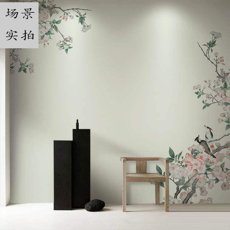 新中式淡雅意境花鸟电视背景墙纸壁布书房卧室环保防潮无纺布壁画