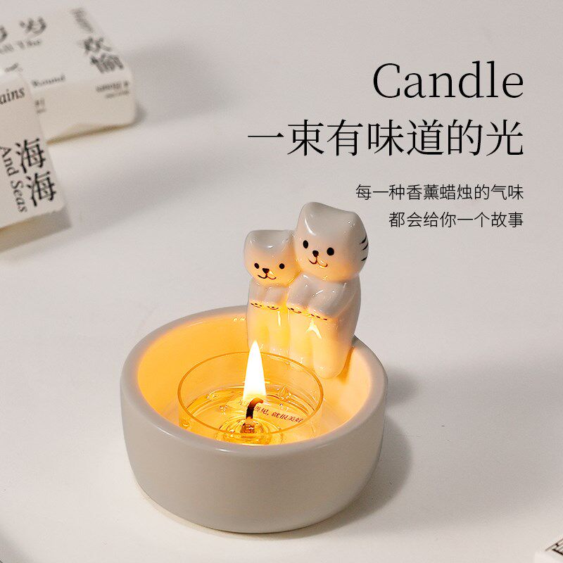 可爱烤手小猫香薰蜡烛烛台礼盒送女朋友闺蜜生日礼物桌面装饰摆件