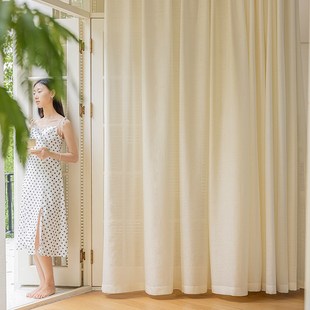 精选法欧雅法式奶黄色乱麻纱透光不透人窗帘窗纱客厅卧室半遮光纱