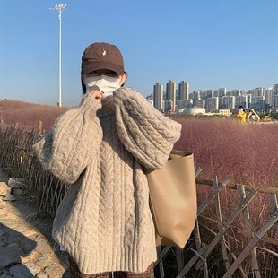 秋冬宽松外穿慵懒风加厚软糯中长针织上衣 复古麻花毛衣女2023新款