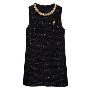 小香风黑色亮片无袖 850 连衣裙女镶钻气质显瘦遮肉背心裙OLQW