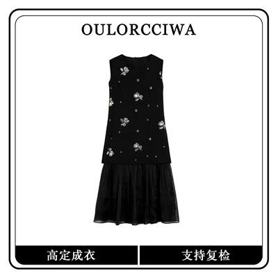 轻奢风黑色手工串珠无袖连衣裙