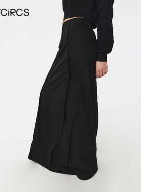 OUTCiRCS波浪褶皱长裙黑色半身裙女中长款a字裙春季新款裙子