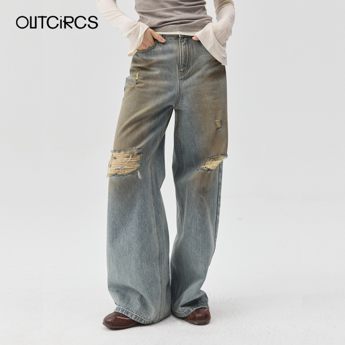 OUTCiRCS26夏季脏洗破坏重工阔腿牛仔裤男女同款做旧破洞牛仔裤