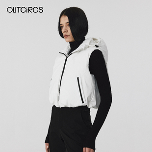 OUTCiRCS短款羽绒马甲新款时尚休闲基础简约连帽背心外套白鸭绒