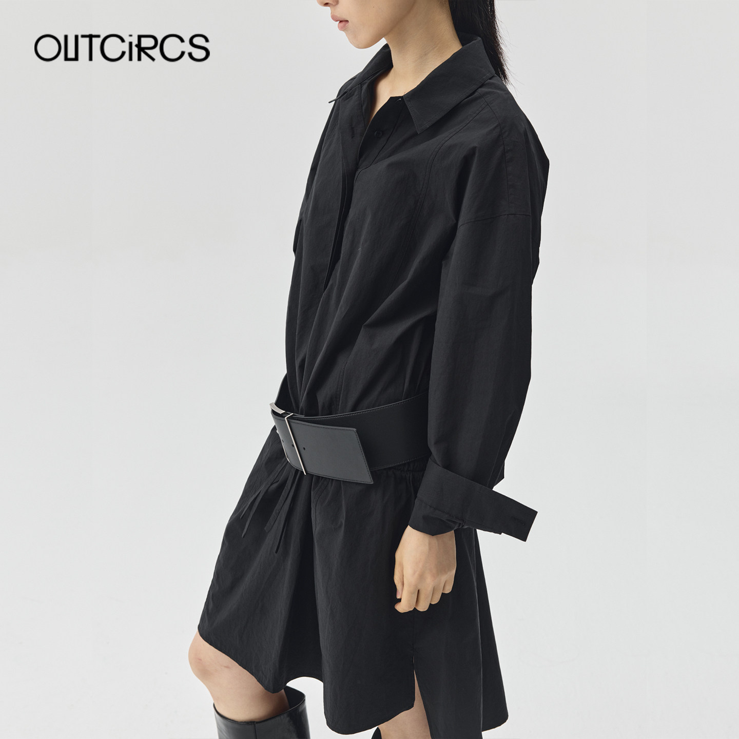 OUTCiRCS26春夏新款宽松低腰双抽绳长袖衬衫裙女士休闲连衣裙