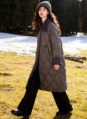 ROCOCO/洛可可灯芯绒翻领菱格羽绒服女冬季新款白鸭绒中长款外套