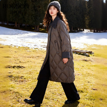 ROCOCO/洛可可灯芯绒翻领菱格羽绒服女冬季新款白鸭绒中长款外套