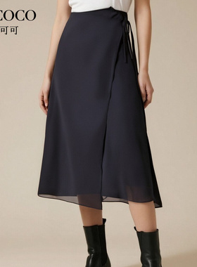 ROCOCO/洛可可侧面系带收腰显瘦黑色百搭设计感新款中长半身裙