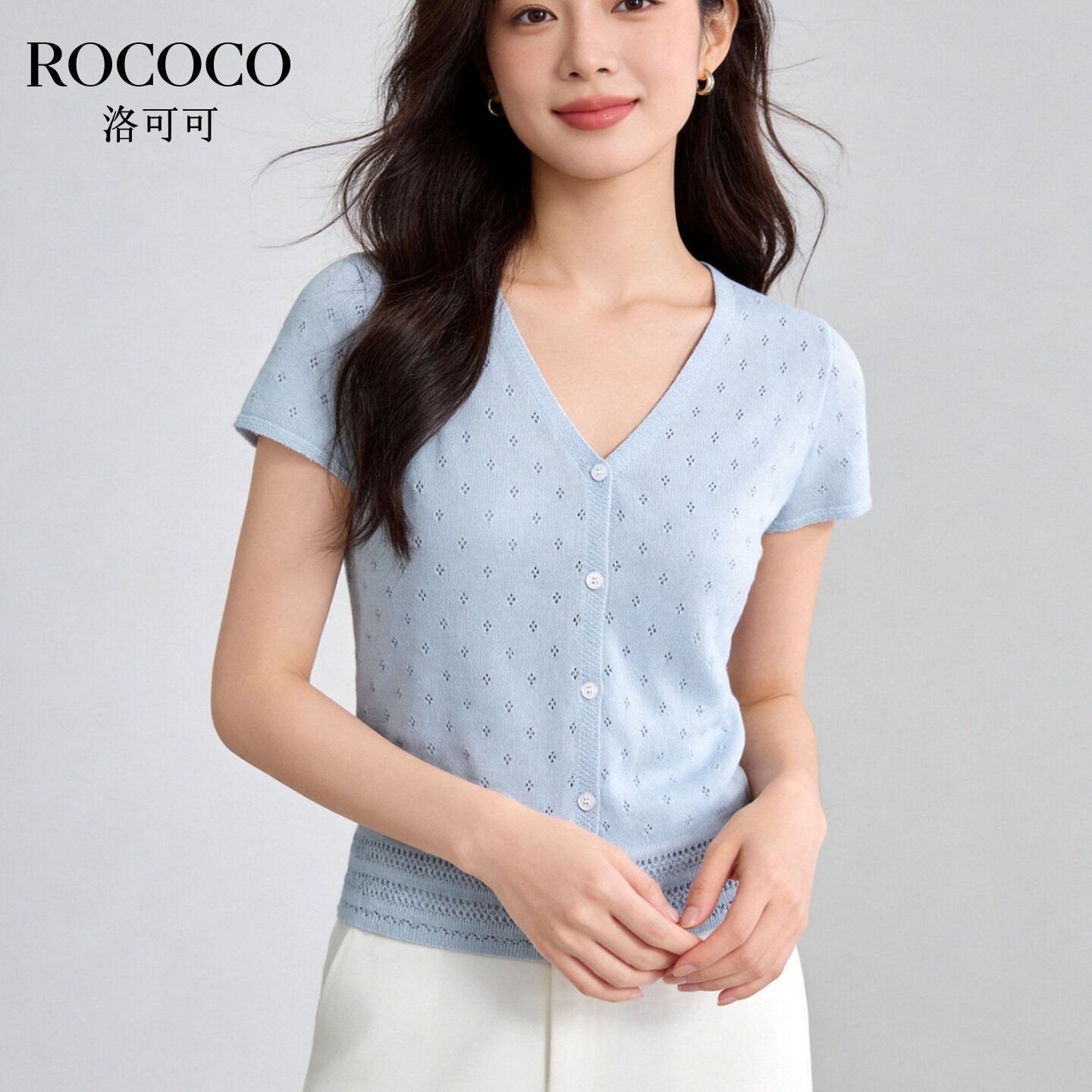 ROCOCO/洛可可V领镂空短袖T恤女白色宽松套头短款上衣针织衫