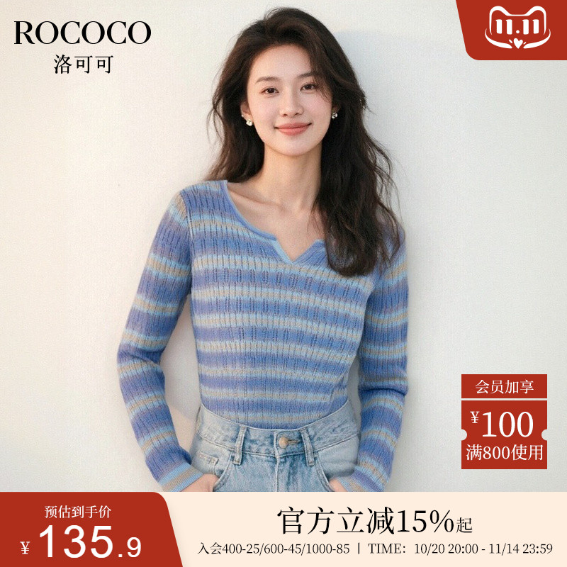 ROCOCO/洛可可韩版镂空条纹针织衫2025秋季新款宽松撞色显瘦上衣