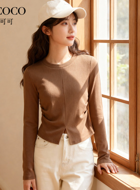 ROCOCO/洛可可2025秋新款修身显瘦长袖T恤女不规则剪裁收腰打底衫