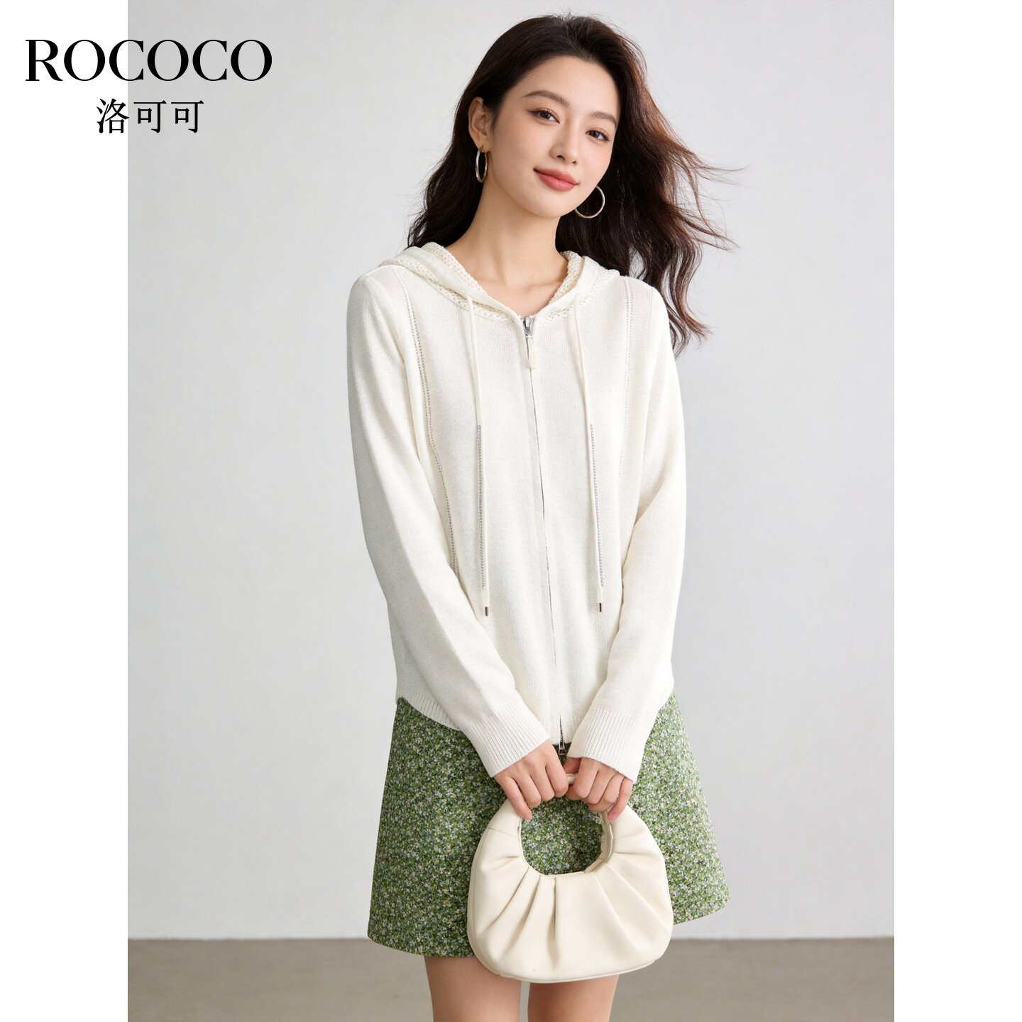 ROCOCO/洛可可2026夏季黄色连帽抽绳针织开衫女薄款透气外搭