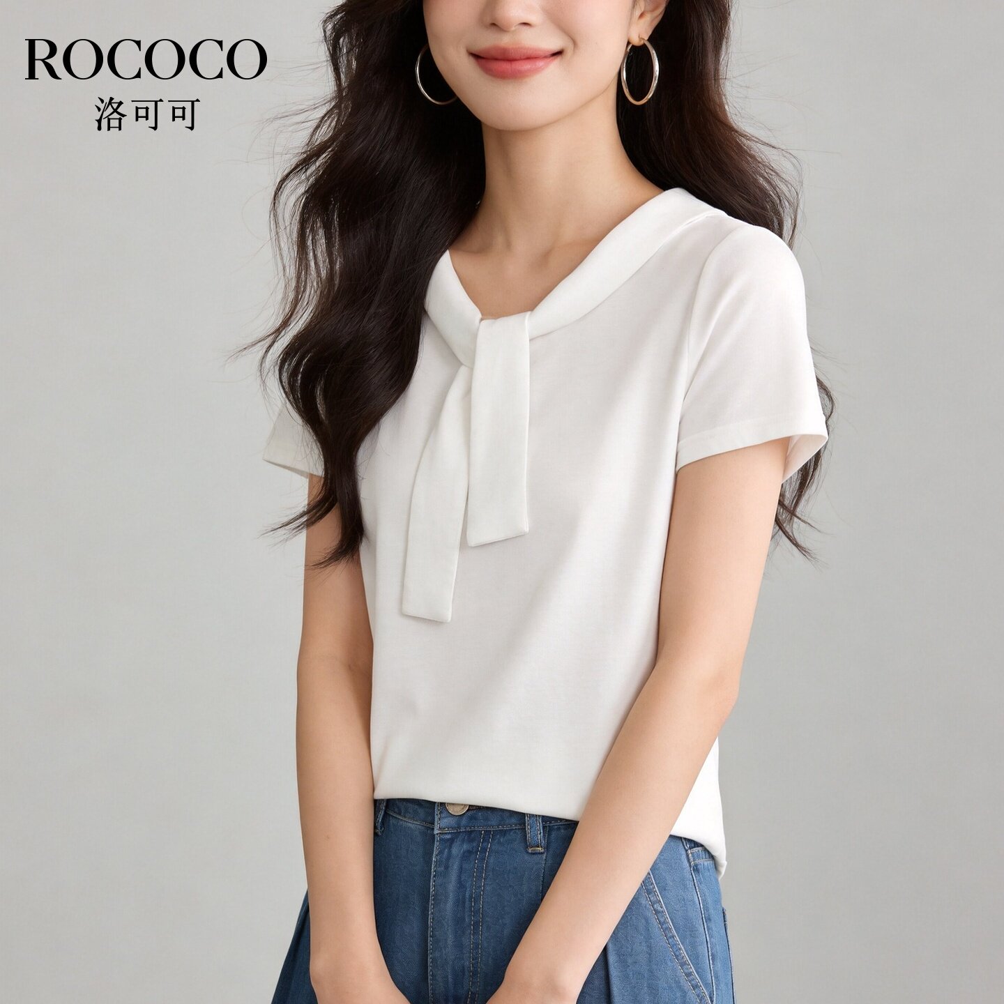 ROCOCO/洛可可法式学院风黑色短袖T恤女夏季披肩领减龄上衣