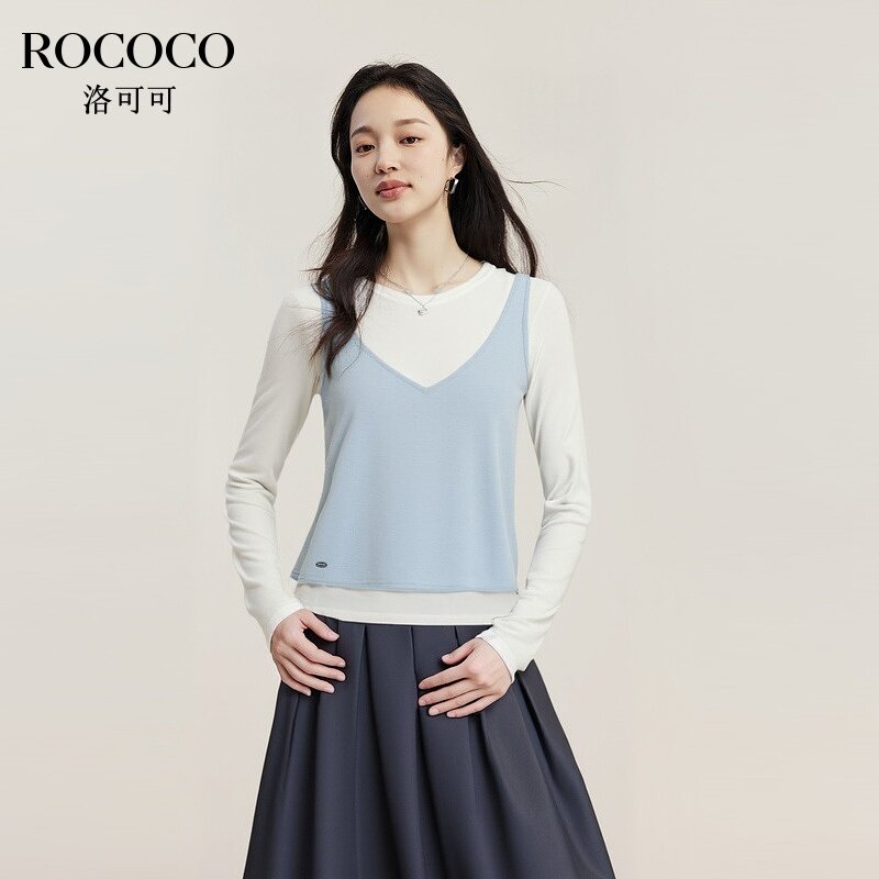 ROCOCO/洛可可绵羊毛圆领打底上衣春季新款叠穿V领背心套头针织衫