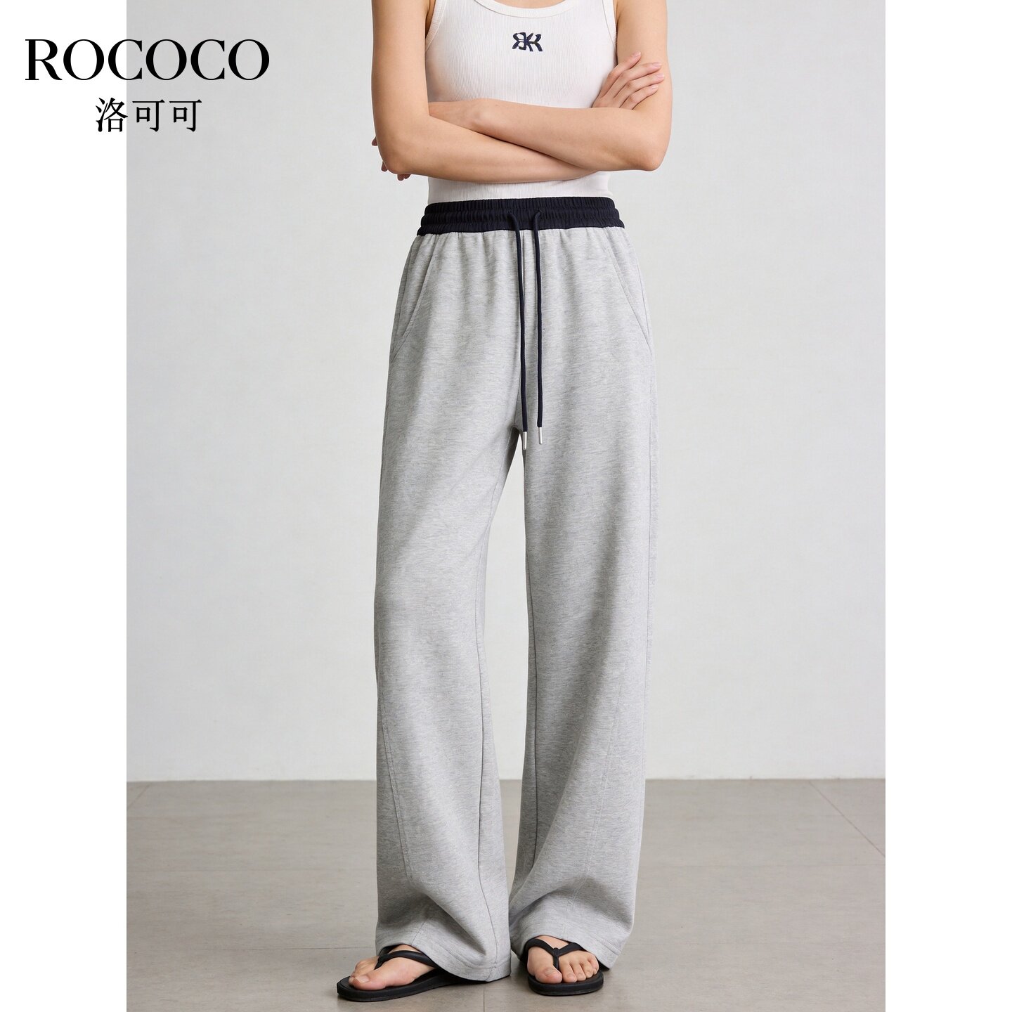 ROCOCO/洛可可系带直筒阔腿卫裤女新款宽松休闲运动慵懒长裤