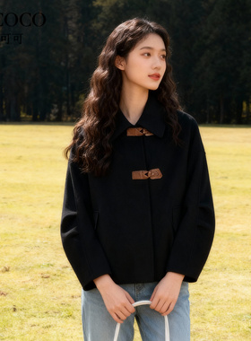 ROCOCO/洛可可2025翻领皮扣毛呢大衣女绵羊毛黑色短款双面呢外套