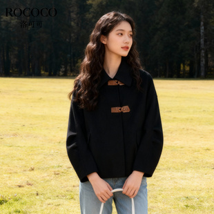 ROCOCO/洛可可2025翻领皮扣毛呢大衣女绵羊毛黑色短款双面呢外套