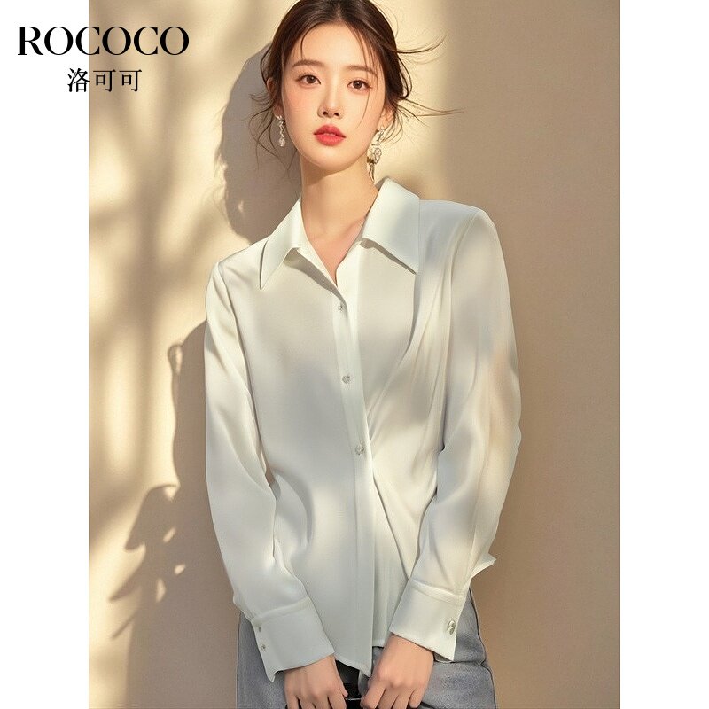 ROCOCO/洛可可白色不规则Polo领衬衫女2025气质褶皱收腰长袖衬衣