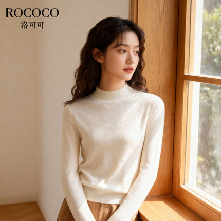 ROCOCO/洛可可100%纯羊毛简约纯色针织毛衣女保暖内搭套头上衣