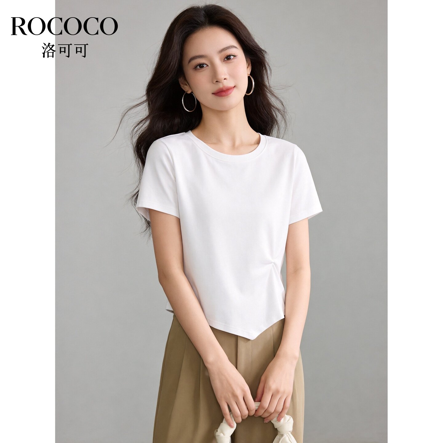 ROCOCO/洛可可复古T恤女士正肩圆领短袖修身收腰显瘦气质百搭上衣