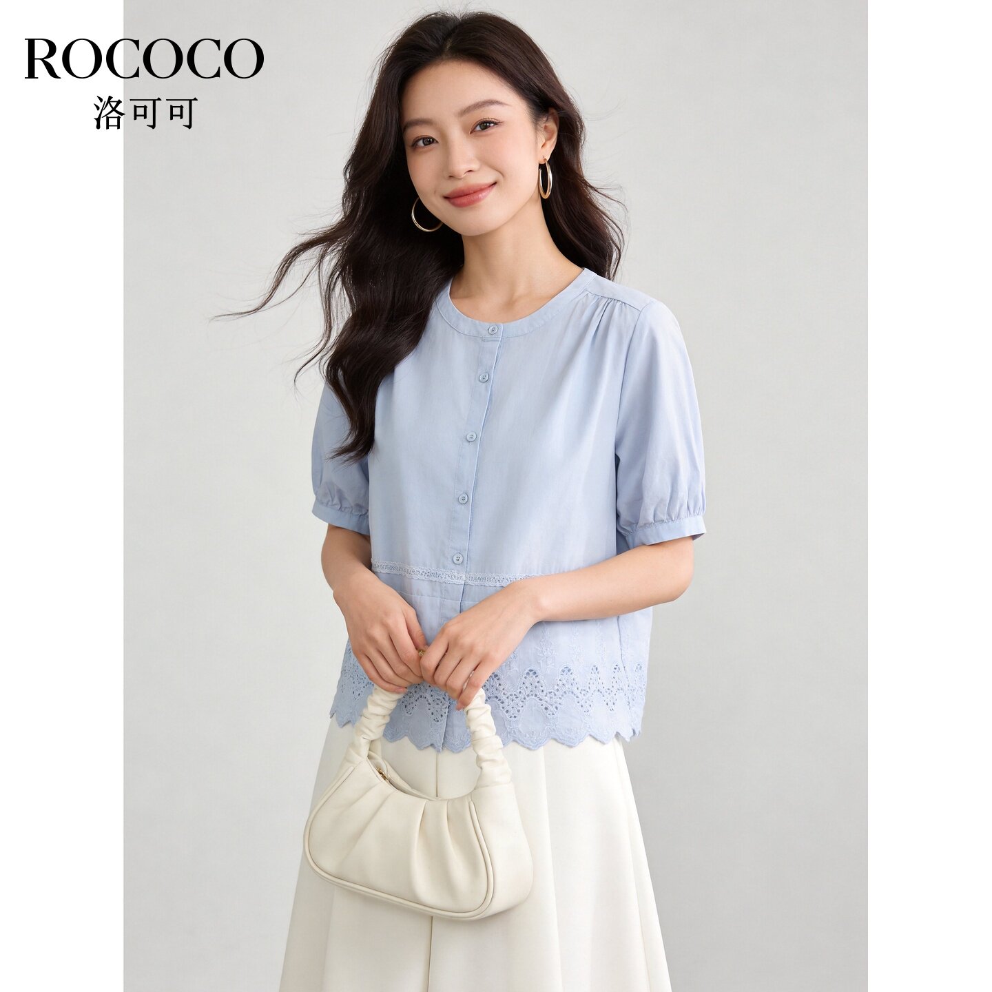 ROCOCO/洛可可韩系纯棉蓝色短袖衬衫女夏季新款减龄气质上衣